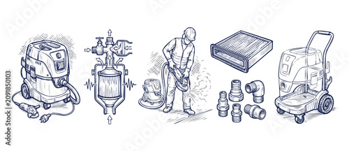 Foto Industrial dust extractor vacuum sketch showing construction worker using angle grinder with air filter, hose connectors, and cyclone separation system diagram for workshop safety and tools blueprint