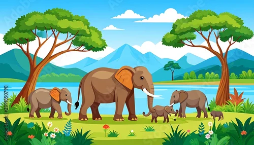 Obraz Colorful Elephant Family Standing Together in Lush Savanna Landscape