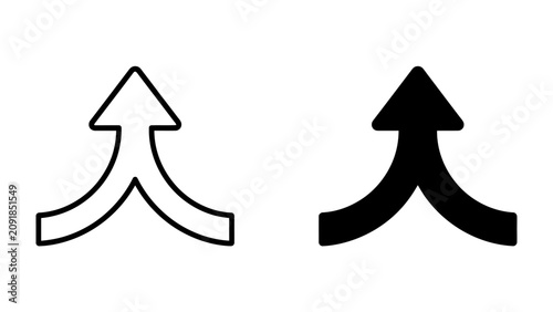 Tableau sur toile Merging Arrows Icon: Two distinct arrow icons, one outlined and one solid black, illustrate the concept of merging or combining elements, symbolizing growth and direction