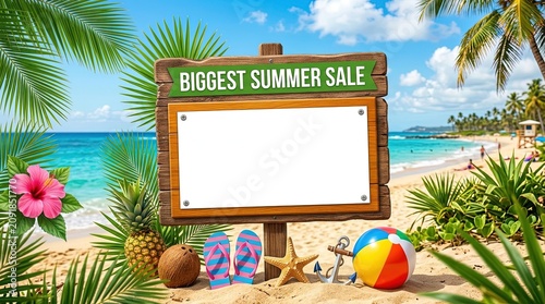 Summer Sale Sign on Tropical Beach with Palm Trees and Colorful Beach Toys