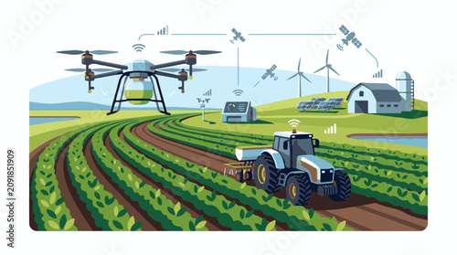 Modern farm with drone autonomous tractor and solar-powered