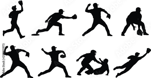 Tableau sur toile Baseball Player Silhouette Collection with Throwing Catching Fielding and Defens