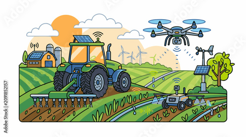 Modern farm utilizes drone tractor and robots for precision agriculture