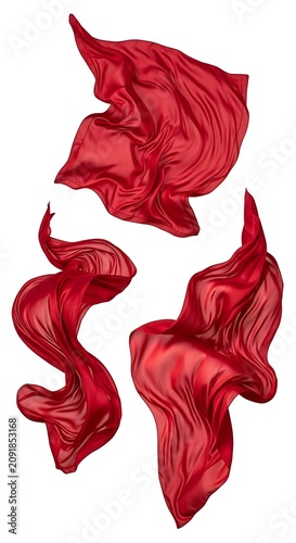 Flowing Red Silk Fabric Pieces Floating on Light Gray Background
