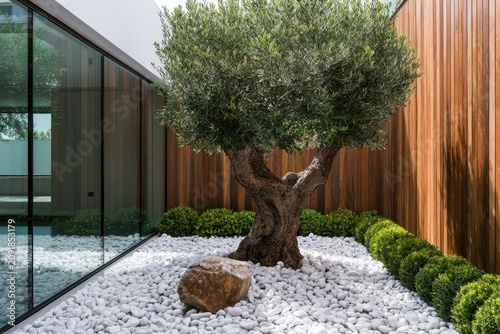 Mediterranean olive tree growing in a contemporary gravel courtyard with timber cladding and glass reflections for luxury landscaping marketing