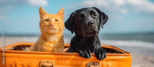 A cat and a dog inside a suitcase with a beach background. Summer vacation travel concept with pets.