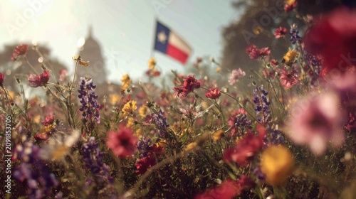 Colorful wildflowers bloom in a field near a Texas landmark with the flag waving in the background during daylight hours