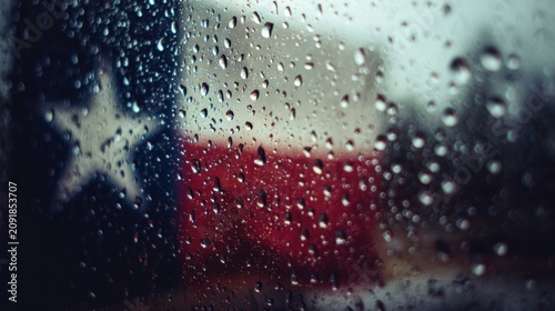 Raindrops on a window with a blurred Texas flag in the background during a rainy day