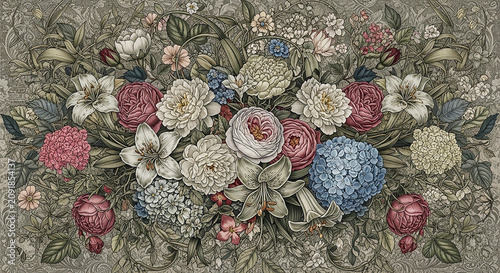 Beautiful fantasy vintage wallpaper botanical flower bunch,vintage motif for floral print digital background