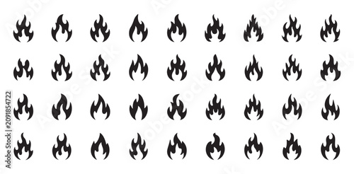 Fotografie Large collection of black flame icons in rows on transparent background vector