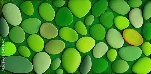Smooth River Stones Lime Green Dark Green Matte Orange Bright Outline Dark Green Background 3D Render