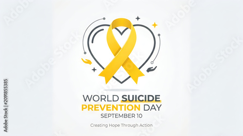 World suicide prevention day yellow ribbon with heart shape illustration for awareness campaign