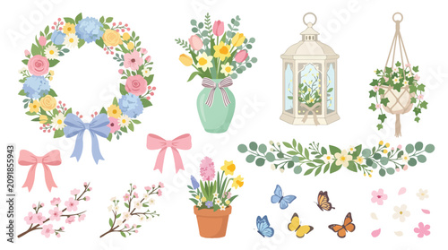 Colorful spring floral elements and decorations with butterflies and bows