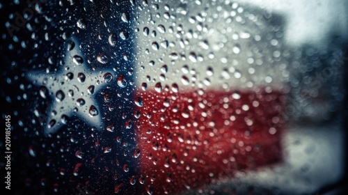 Raindrops on glass showing Texas flag in the background during a rainy day