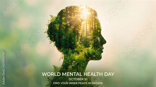 Woman silhouette with forest and sun light inside for world mental health day concept design