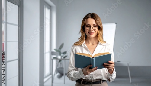 Smiling Young Woman Reading Book in Bright Modern Office