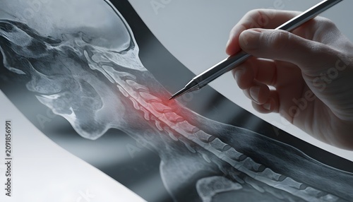 Angled view of cervical spine x-ray with red pain area. Neck vertebrae degeneration and orthopedic diagnosis. Specialist pointing pen at spinal bone injury radiograph.