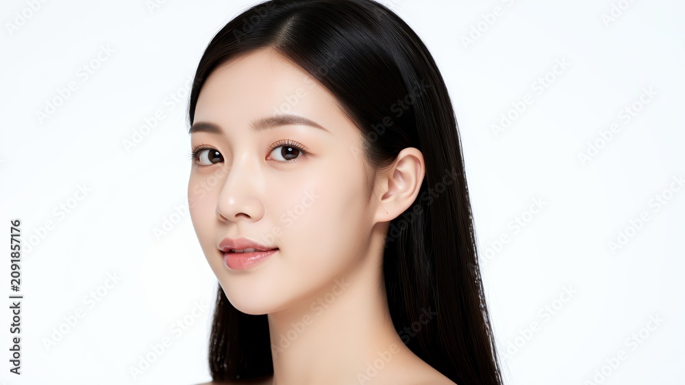 Fototapeta premium Ethereal Portrait: A captivating close-up shot of a young woman with flowing dark hair and a gentle expression, exuding serene beauty and youthful charm.