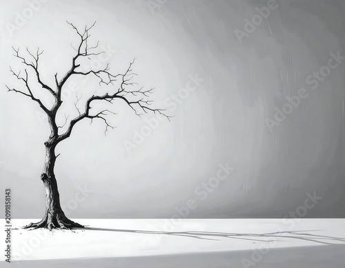 Lonely Leafless Tree Casting Long Shadow on Minimal Gray Landscape