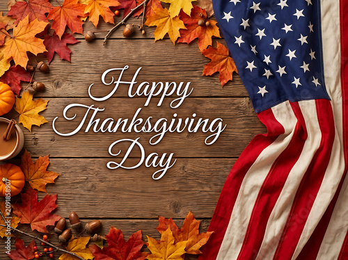 Thanksgiving Day American flag and autumn leaves