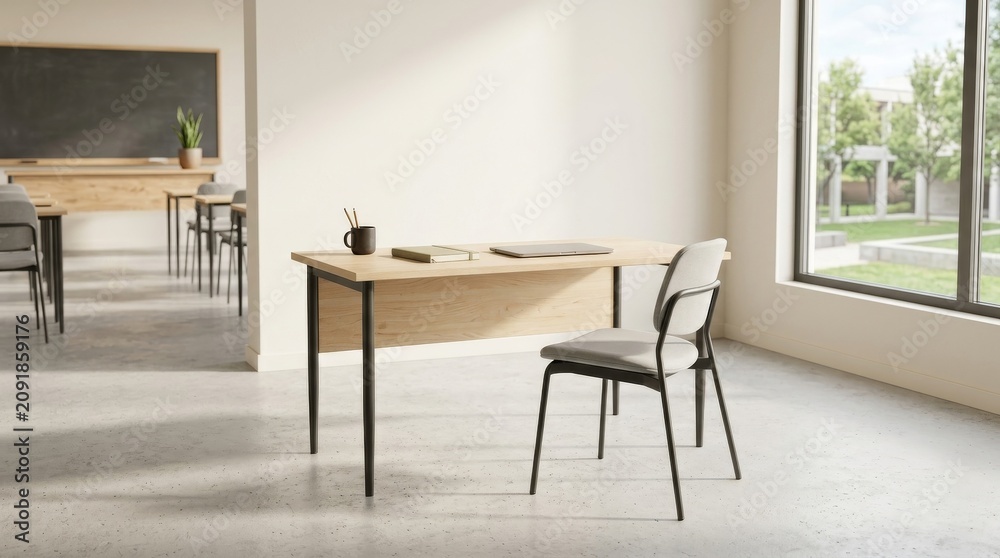Fototapeta premium Teaching on the First Day of School at the Classroom Desk, Empty modern classroom with a desk and chair by a window, looking out onto a campus courtyard, with a blackboard visi...