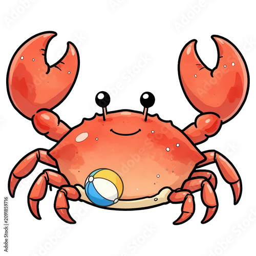 Happy Crab with Beach Ball: A cute, cartoonish red crab with a cheerful expression holds a colorful beach ball, ready for summer fun.