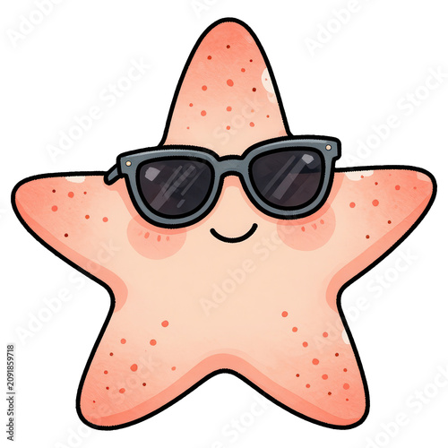 Cool Starfish Character: A cute, anthropomorphic starfish wearing sunglasses, with a cheerful smile, exudes a laid-back and fun vibe. Perfect for summer themes and beach-related designs.