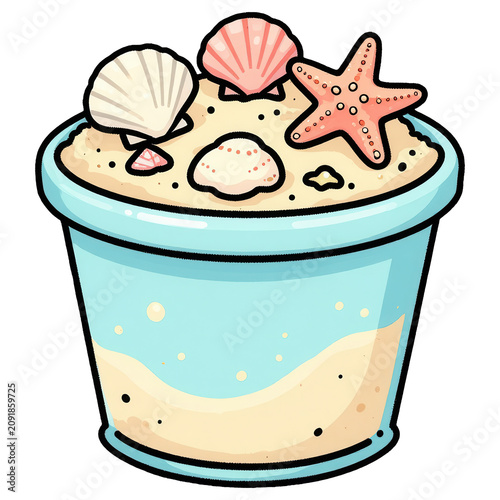 Seaside Treasures in a Bucket: A vibrant illustration of a blue bucket filled with sand, adorned with assorted seashells and a cheerful starfish, evoking the joy of a summer beach day.