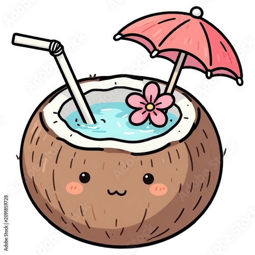 Cute Coconut Drink Illustration: A charming cartoon illustration depicts a halved coconut filled with refreshing blue liquid, complete with a straw, a pink umbrella, and a delicate flower.