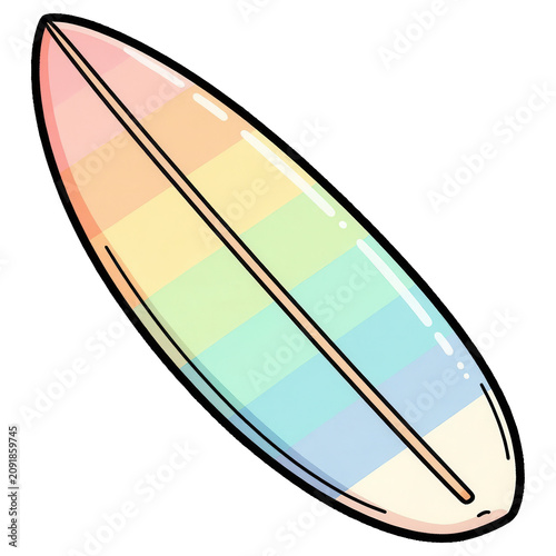Surfboard Rainbow Stripes: A colorful surfboard with rainbow stripes, evoking summer vibes and aquatic adventures.