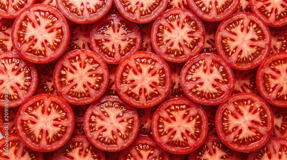 Obraz premium Close packed sliced tomato rounds forming dense textured pattern, overhead composition highlighting seeds and flesh details for culinary and design concepts