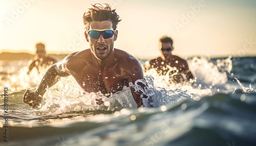Athletic Young Surfer Paddling Through Splashing Ocean Waves at Sunset