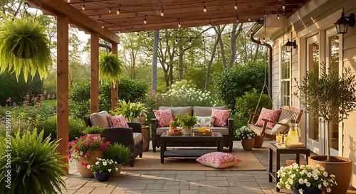 Cozy Outdoor Patio Seating Arranged Under Wooden Pergola in Lush Garden