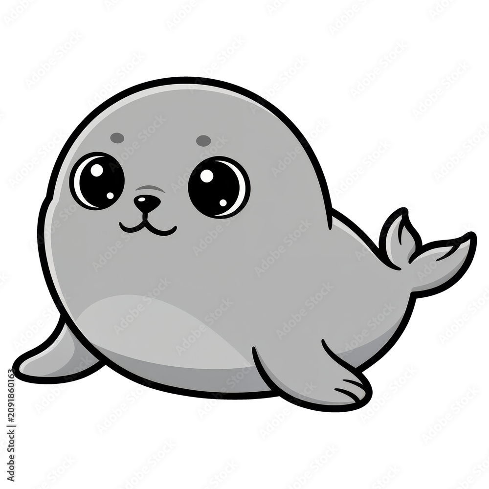 Fototapeta premium Cute Cartoon Seal: A charming, cartoon-style seal with big, expressive eyes and a sweet smile sits on a flat surface, its grey body rounded and its fins tucked close.
