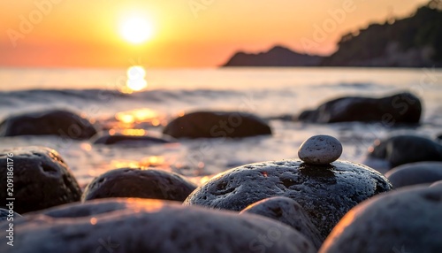 Smooth Coastal Stones Resting in Gentle Waves at Golden Sunset Shoreline