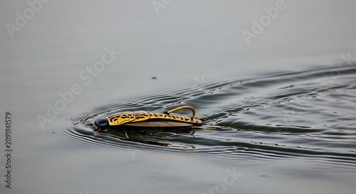 Yellow Black Fishing Lure Floating on Calm Lake Surface