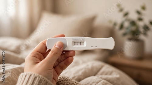 Hand holding positive pregnancy test in cozy bedroom setting