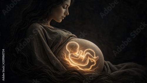 Pregnant woman with glowing fetus in serene dark setting