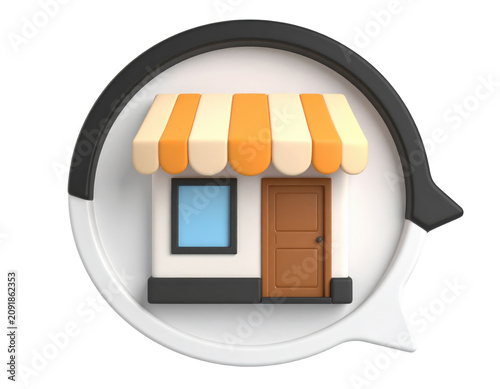 PNGMURNI--transparent background Firefly Stylized 3D illustration of a storefront with a striped awning and wooden door