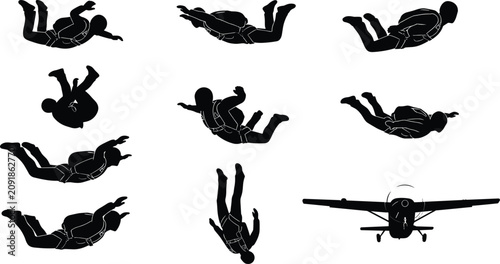 Fotografía Skydiver Silhouette Vector Icon Set Featuring Parachutists in Free Fall and Prop