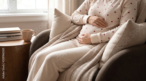 Pregnant woman relaxing in cozy living room with warm blanket