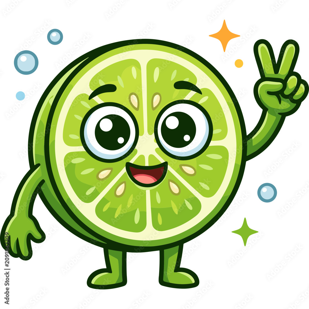 Fototapeta premium A cheerful cartoon lime character makes a peace sign gesture