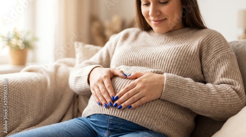 Pregnant woman relaxing on sofa in cozy home setting