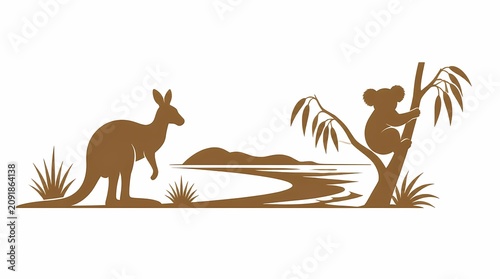 Kangaroo and koala. Australian wildlife silhouettes, brown monochrome vector illustration. River, eucalyptus tree, natural landscape.