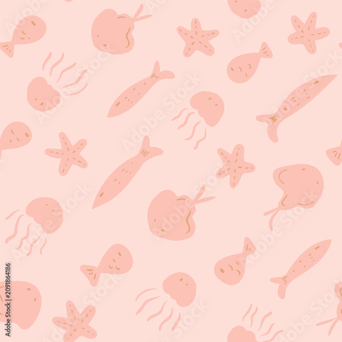 Hand painted underwater sea creatures like starfish, jellyfish, sting rays moving diagonally in muted colors of peach and pink. Marine life seamless vector pattern. Great for home decor, fabric, walls