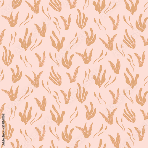 Hand painted scattered underwater weeds swaying with waves as a minimalist foliage design in colors of brown and pink. Marine botanical seamless vector pattern. Great for home decor, fabric, wallpaper