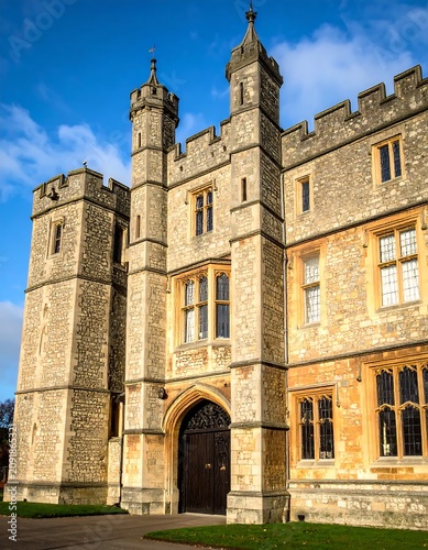 Historic Stone Castle Facade Standing Under Blue Sky in Daylight