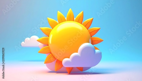 Bright Cartoon Sun Partly Covered by Soft Clouds on Blue Background