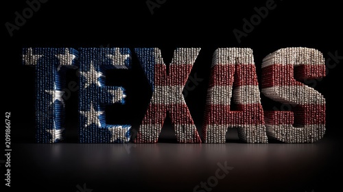 Texas spelled out in colorful letters with American flag pattern at a dark background