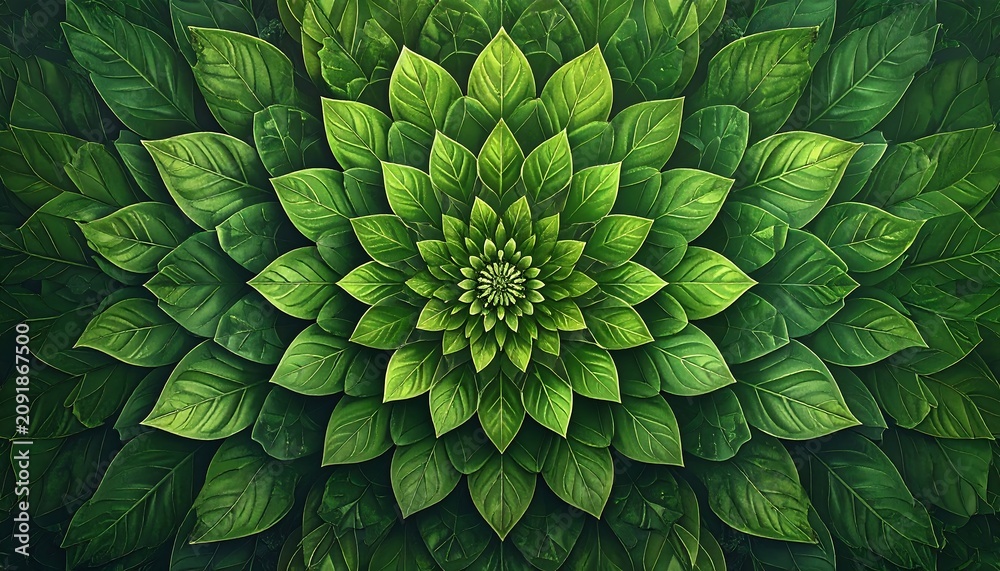 Fototapeta premium Vibrant Green Leaf Rosette Pattern Arranged in Symmetrical Botanical Background